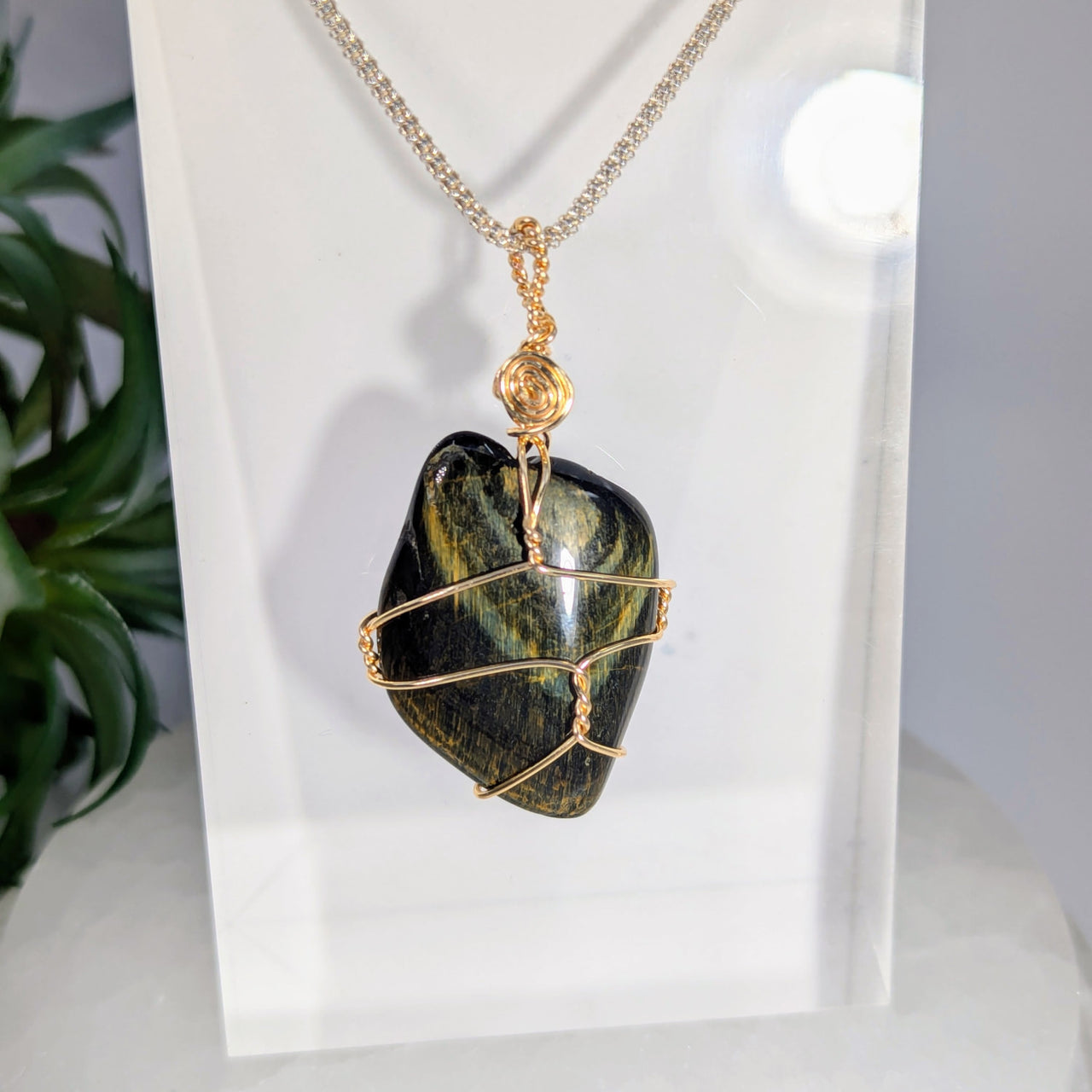 Blue Tiger’s Eye 2.3’’ Wire Wrap Pendant #LV9045 - $25