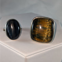 Thumbnail for Two sterling silver rings with black onyx and amber stones in Blue Tiger’s Eye design