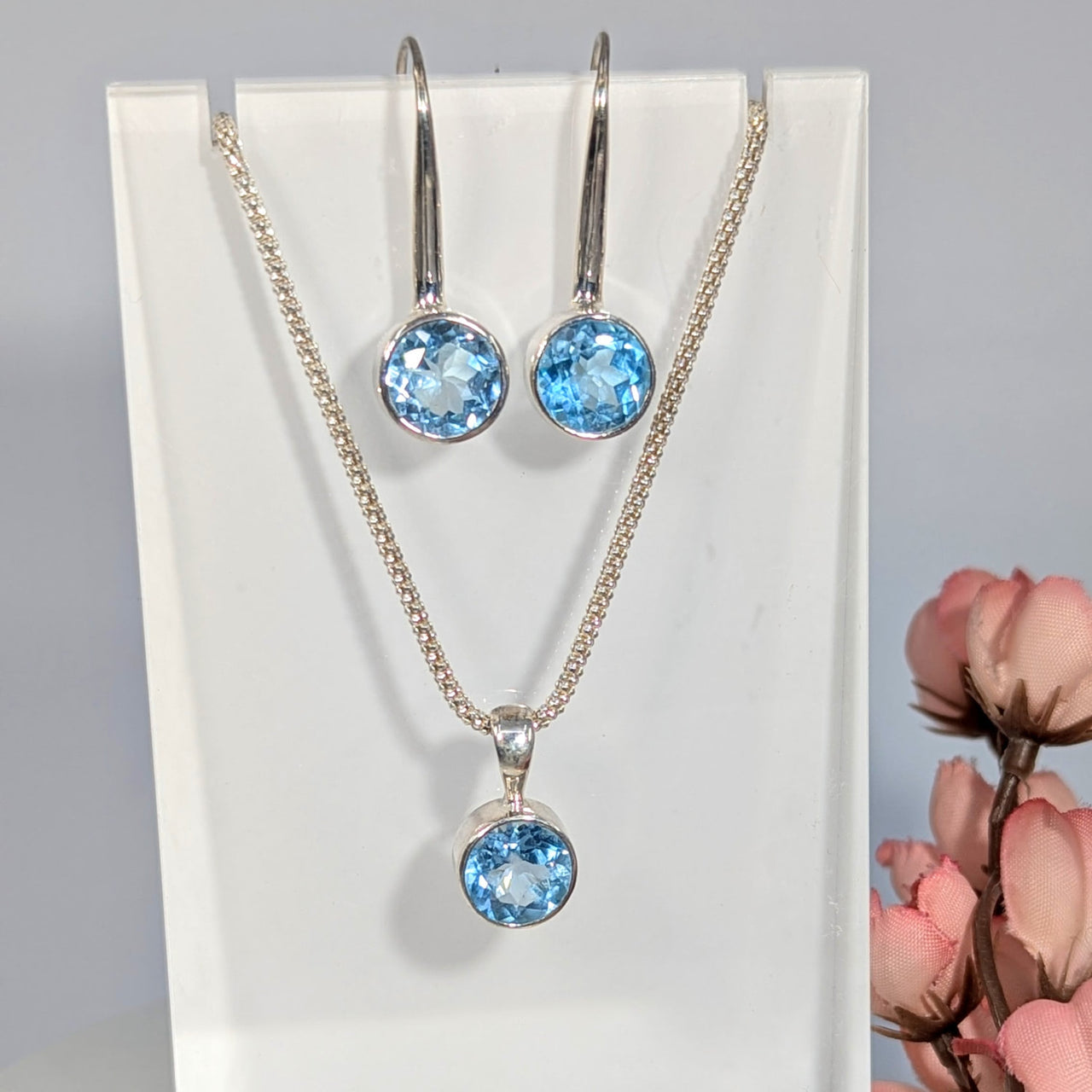 Blue Topaz Faceted 3pc Jewelry Set S.S. #LV9926 - $198