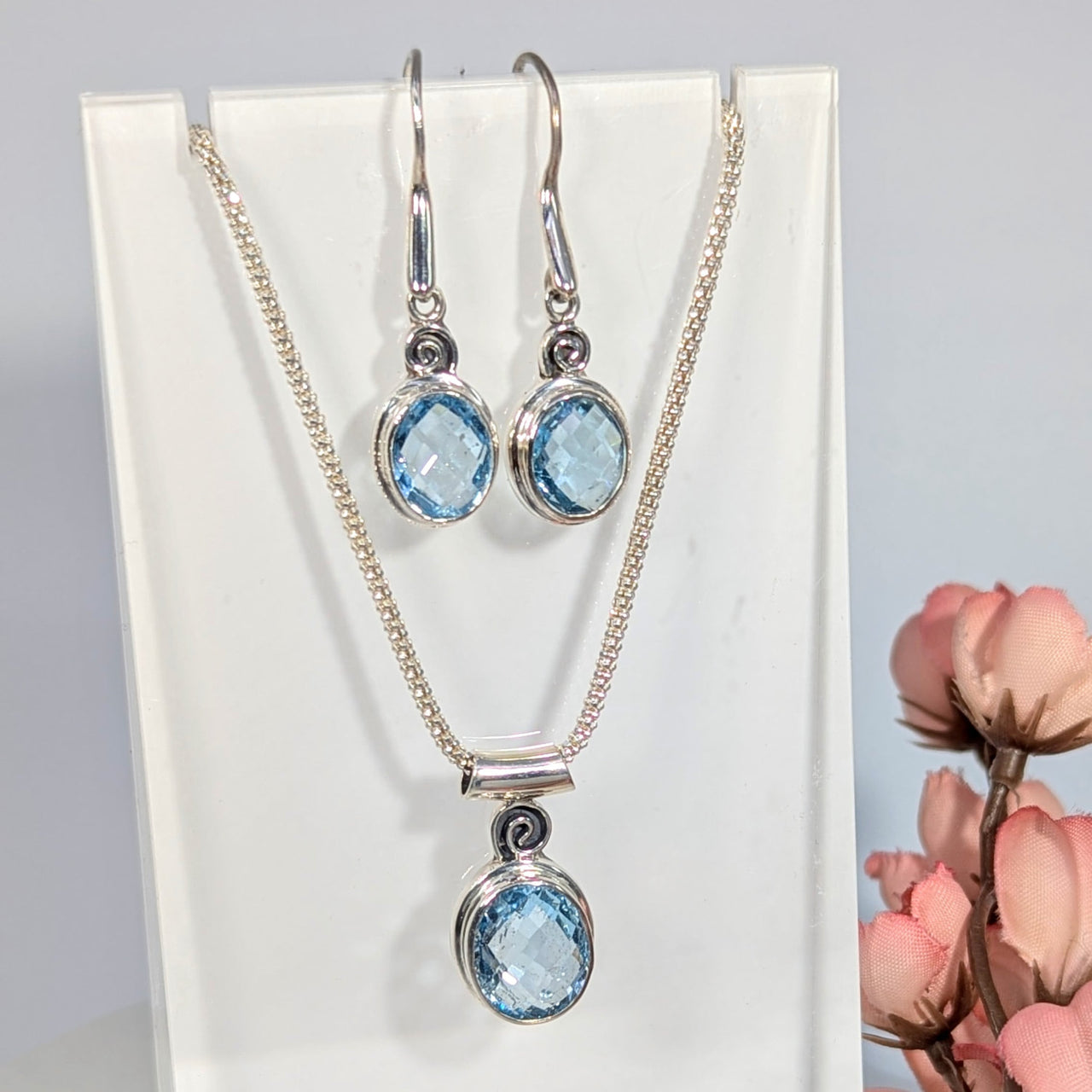 Blue Topaz Faceted 3pc Jewelry Set S.S. #LV9928 - $198