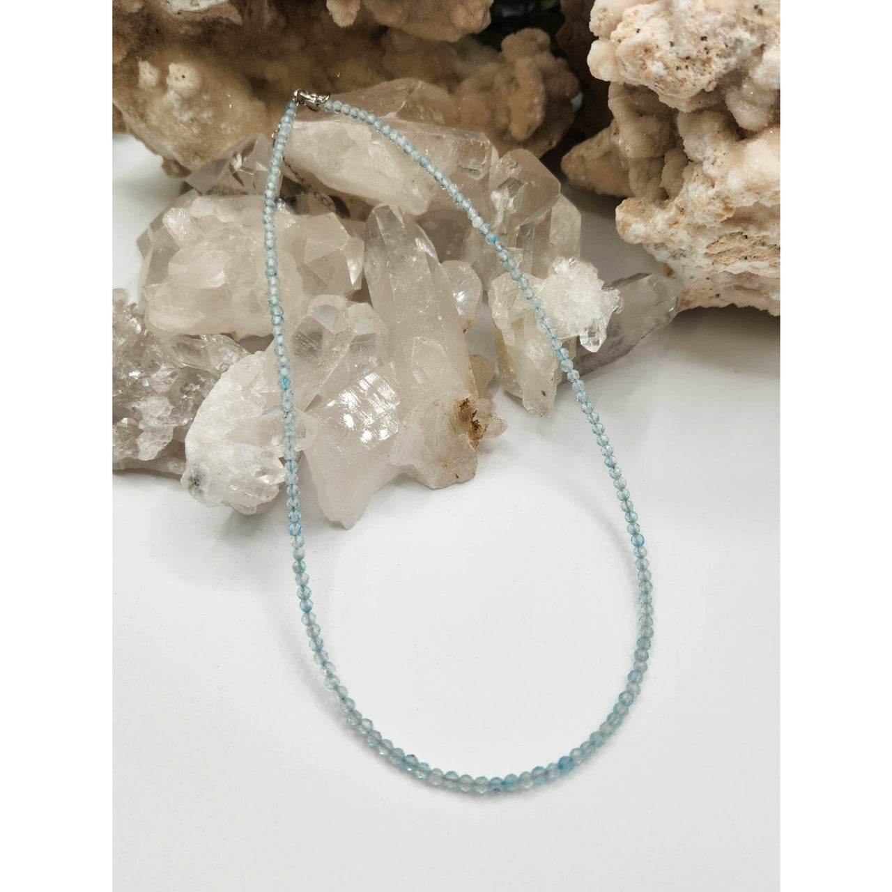 Aquamarine beaded necklace with silver accents and delicate chain