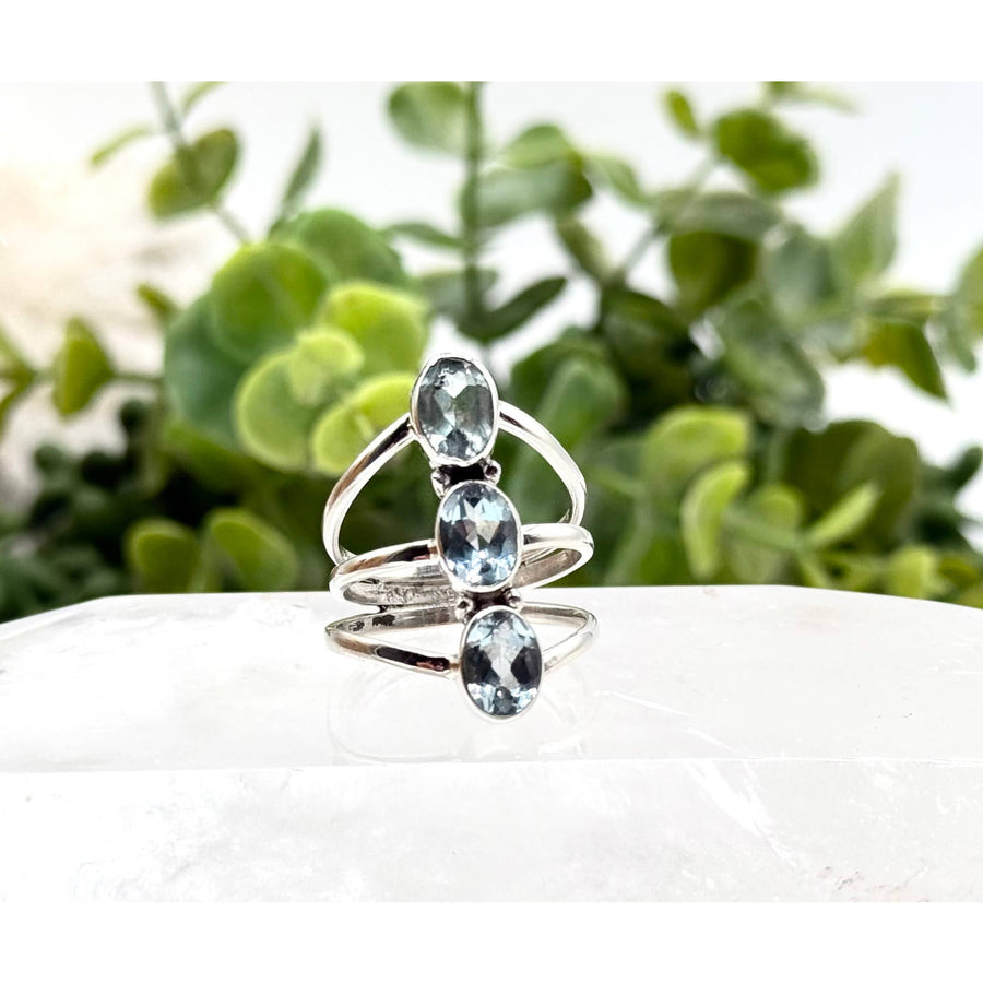 Silver Blue Topaz Triple Gemstone 925 Sterling Silver Ring LV9511