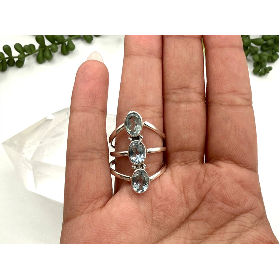 Silver 925 sterling triple band ring with blue topaz gemstones LV9511