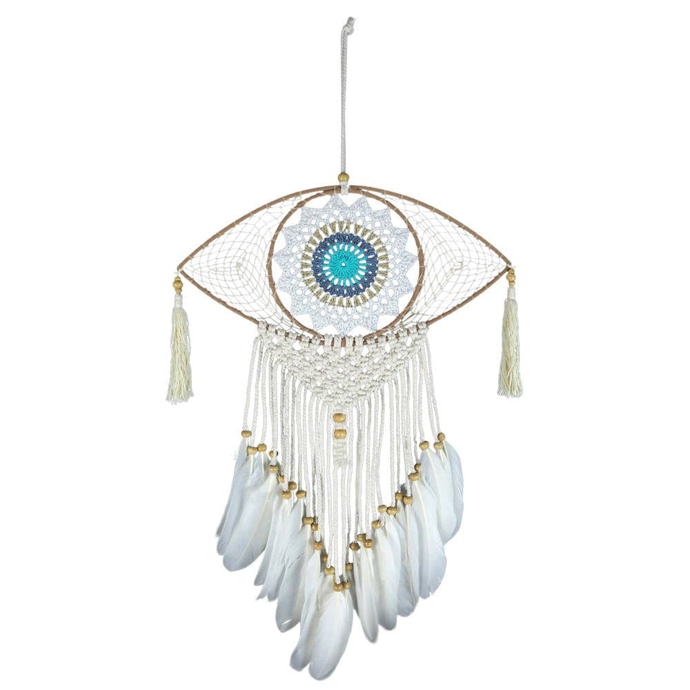 White macrame eye dreamcatcher with blue gold embroidered center, feathers, tassels