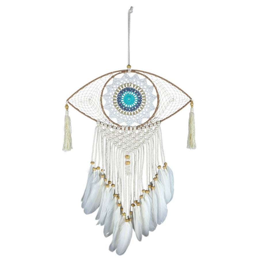 White macrame eye dreamcatcher with blue gold embroidered center, feathers, tassels