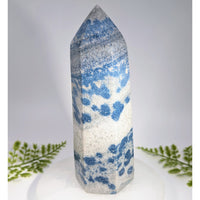 Blueberry quartz 7 inch tower is a tall faceted blue and white crystal tower ideal for jewelry and gemstone collections
