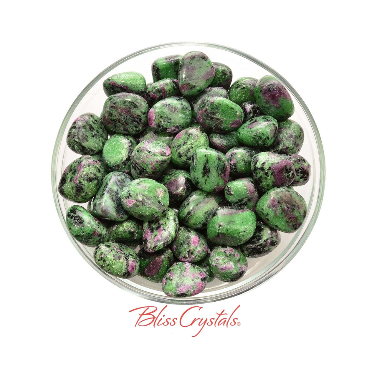 Ruby in Zoisite tumbled stones in a glass bowl for BOGO Ruby and Zoisite aka Anoylite