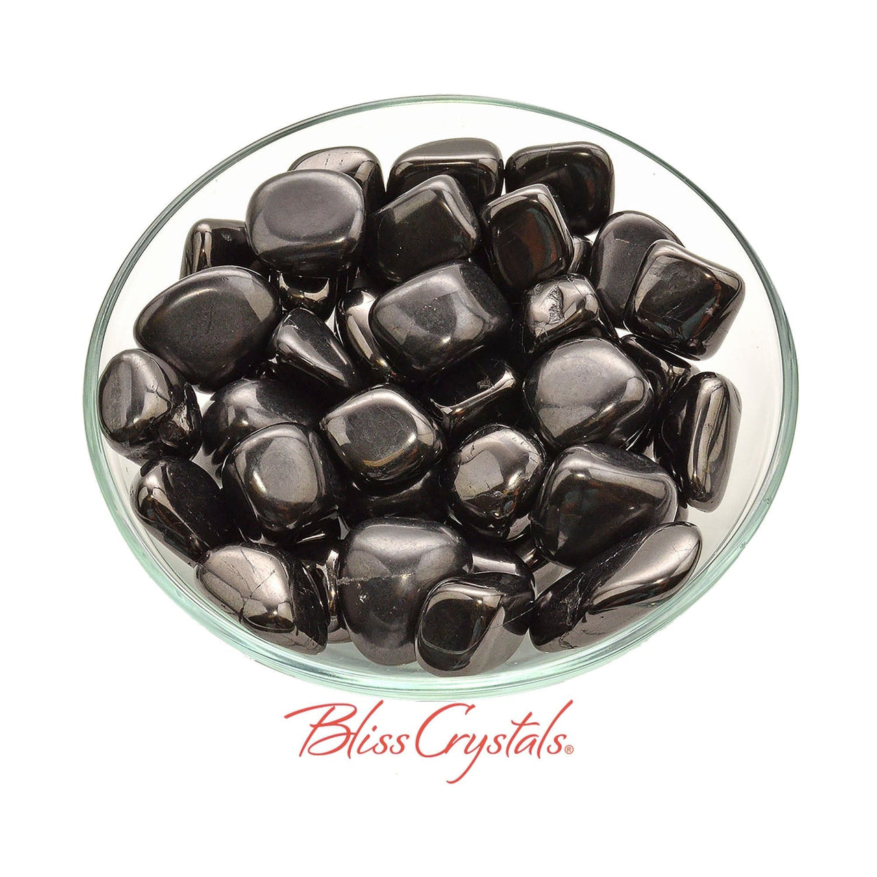 Polished black obsidian stones in a glass bowl for BOGO Shungite Russian Tumbled #T307