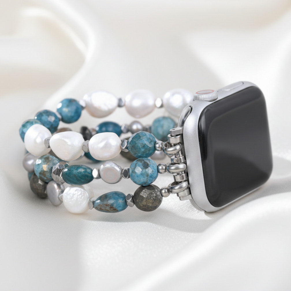 Bohemian Frost Stretch Apatite and Pearl Apple Watch Strap #BC0535