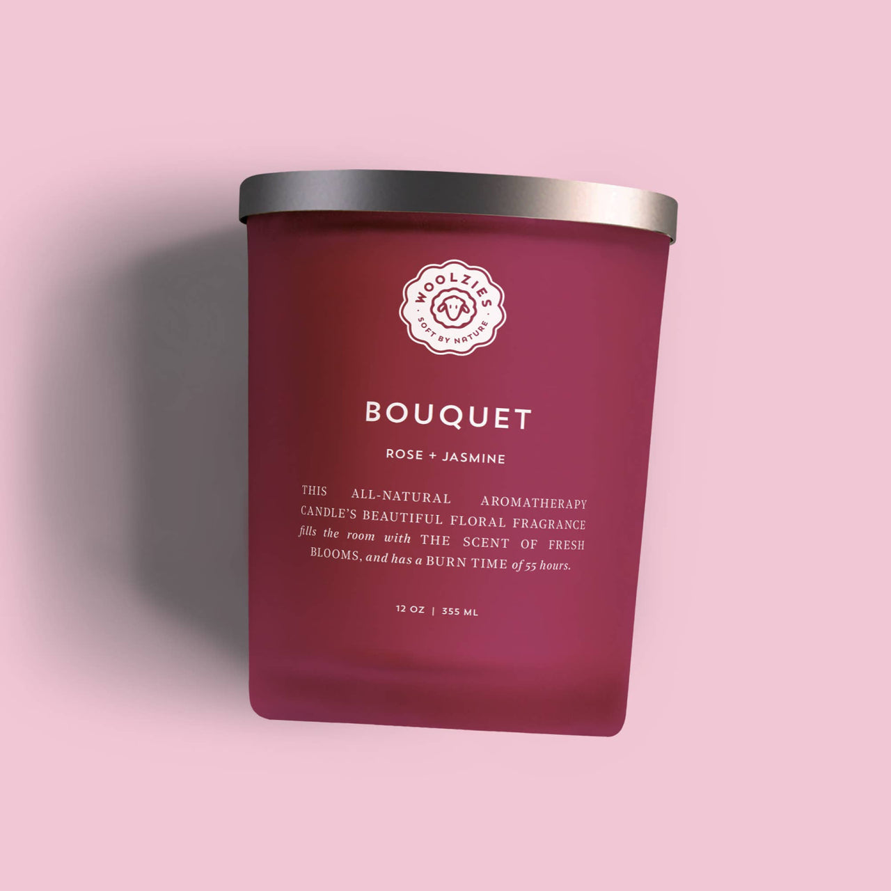 Burgundy Bouquet Soy Candle 12oz in frosted glass with Pink Kunzite Crystals