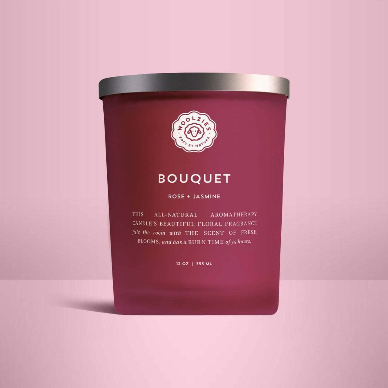 Burgundy Bouquet Soy Candle 12oz in frosted glass with Pink Kunzite Crystals