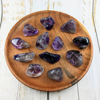 Thumbnail for Brandberg Amethyst Tumble Stone XL #LV2372 - Amethite Crystal Points on Wooden Plate