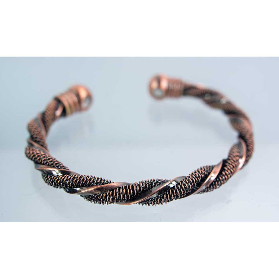 Brass magnetic twist bangle with 2 magnets, copper braided wire texture #BC0438