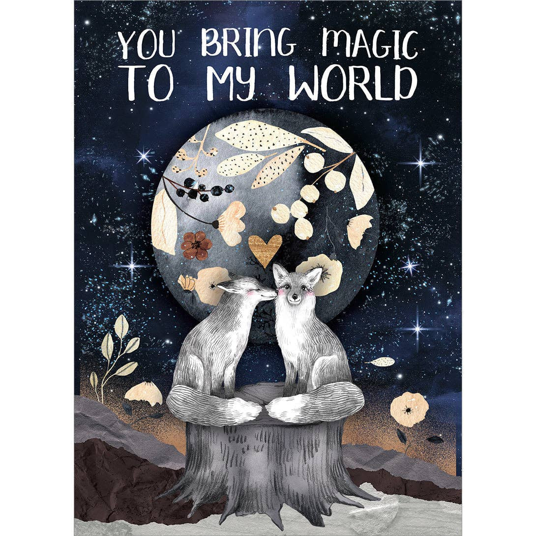 Whimsical foxes nuzzling under starry moon on You Bring Magic Birthday Card #22026