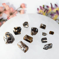 Rough black Tourmaline crystals with white inclusions in a Brown Tourmaline Dravite stone