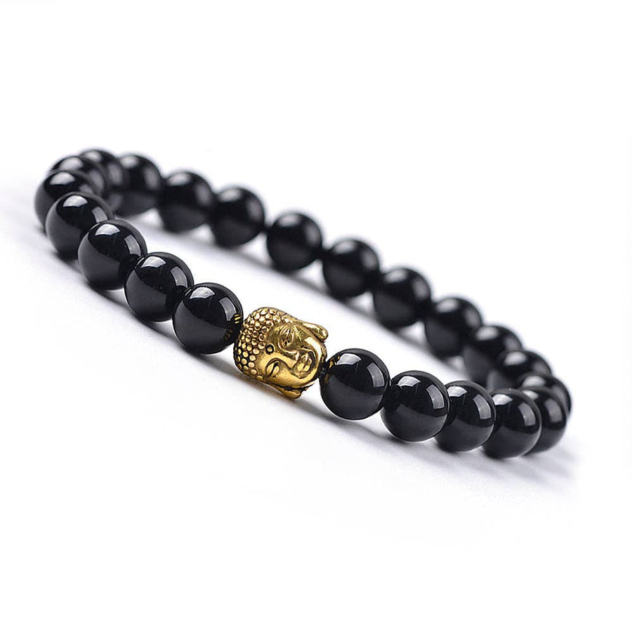 Black beaded bracelet with golden Buddha head onyx beads 7 inches luxury jewelry