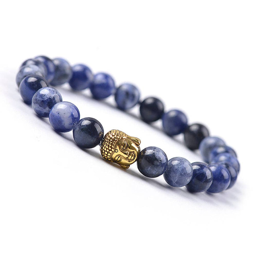 Blue beaded bracelet with gold Buddha head from Sodalite Beads 7-inch Buddha Bracelet