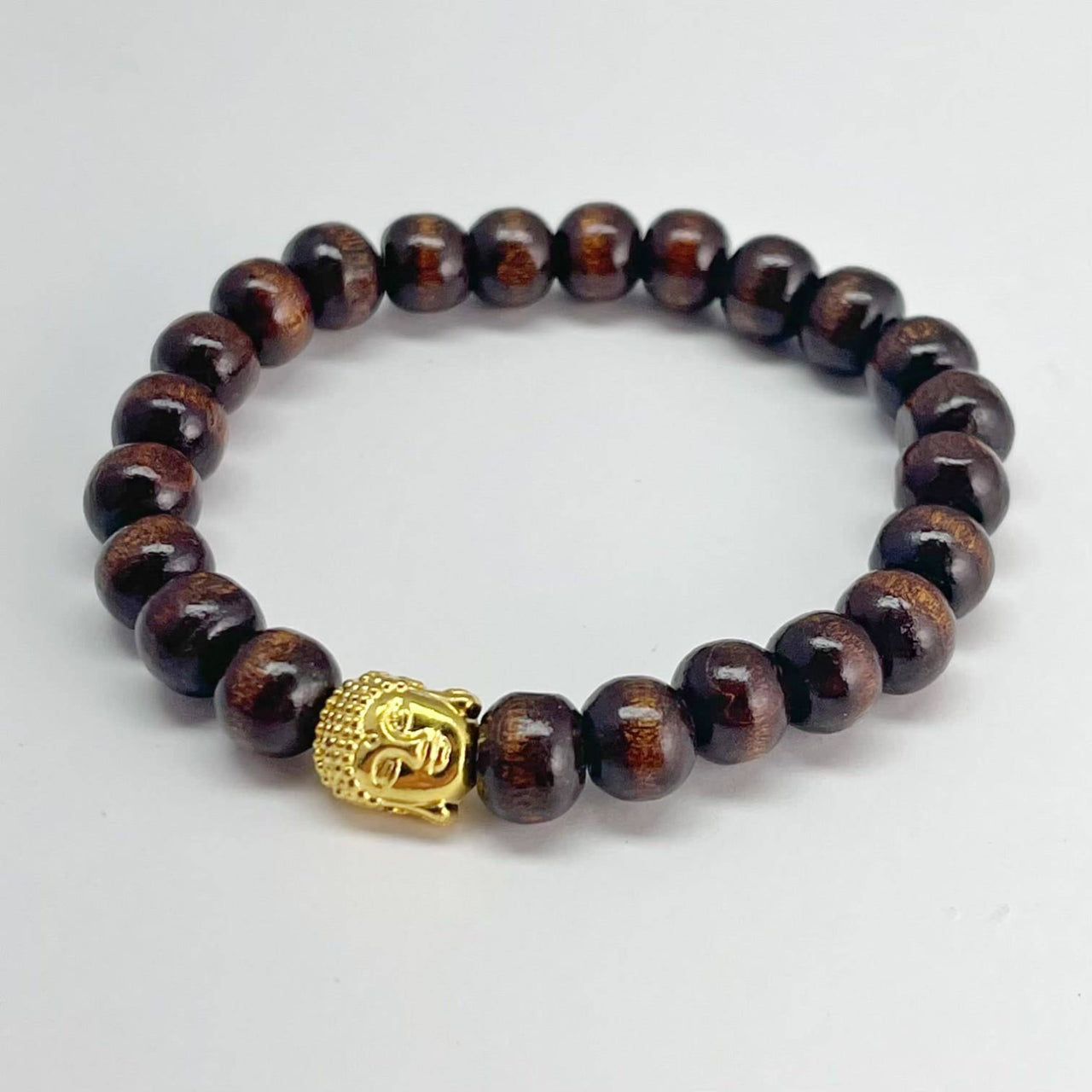 Wooden beaded bracelet with golden Buddha head on the Buddha Bracelet Wood Beads 7 inch #LV7344