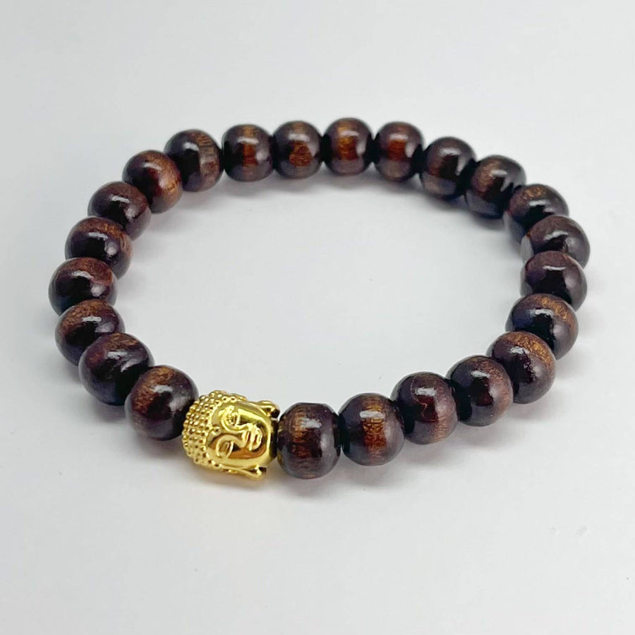 Wooden beaded bracelet with golden Buddha head on the Buddha Bracelet Wood Beads 7 inch #LV7344