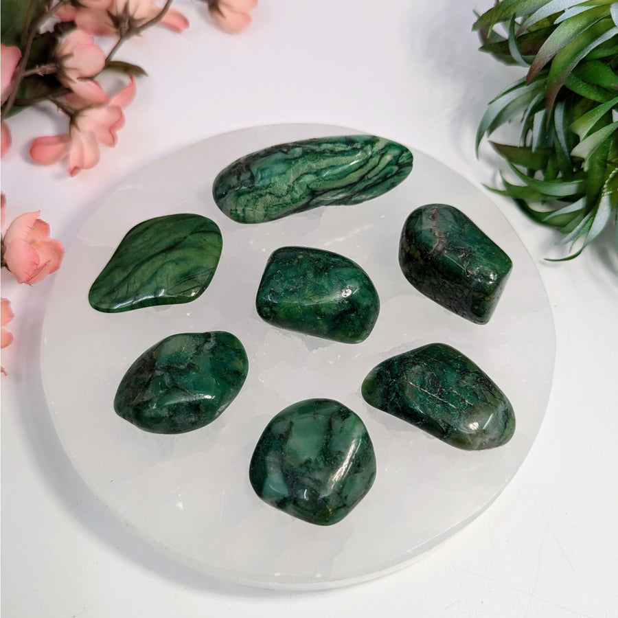 Seven green Malachite stones on a display for Buddstone 1 Tumbled Stone LV8056