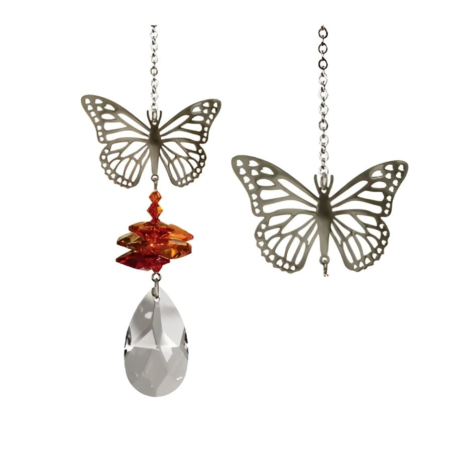 Silver butterfly suncatcher with amber beads and glass teardrop, Woodstock CFBU