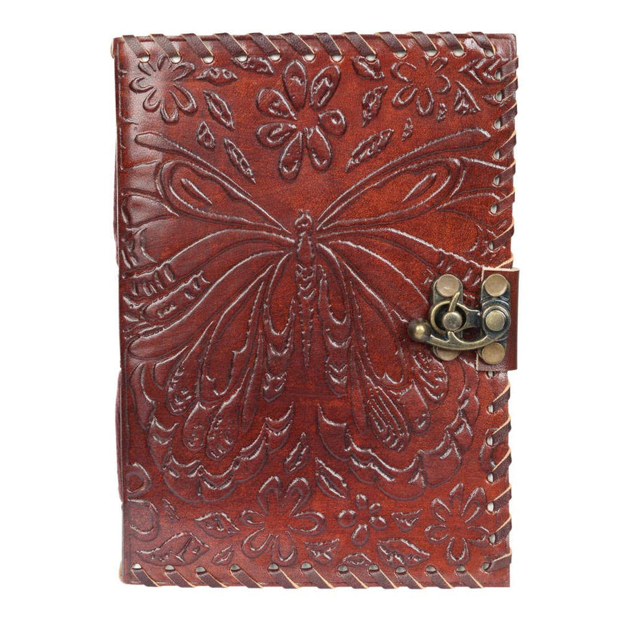 Rich brown leather Butterfly Journal #BC0446 with embossed butterfly and floral design, brass clasp