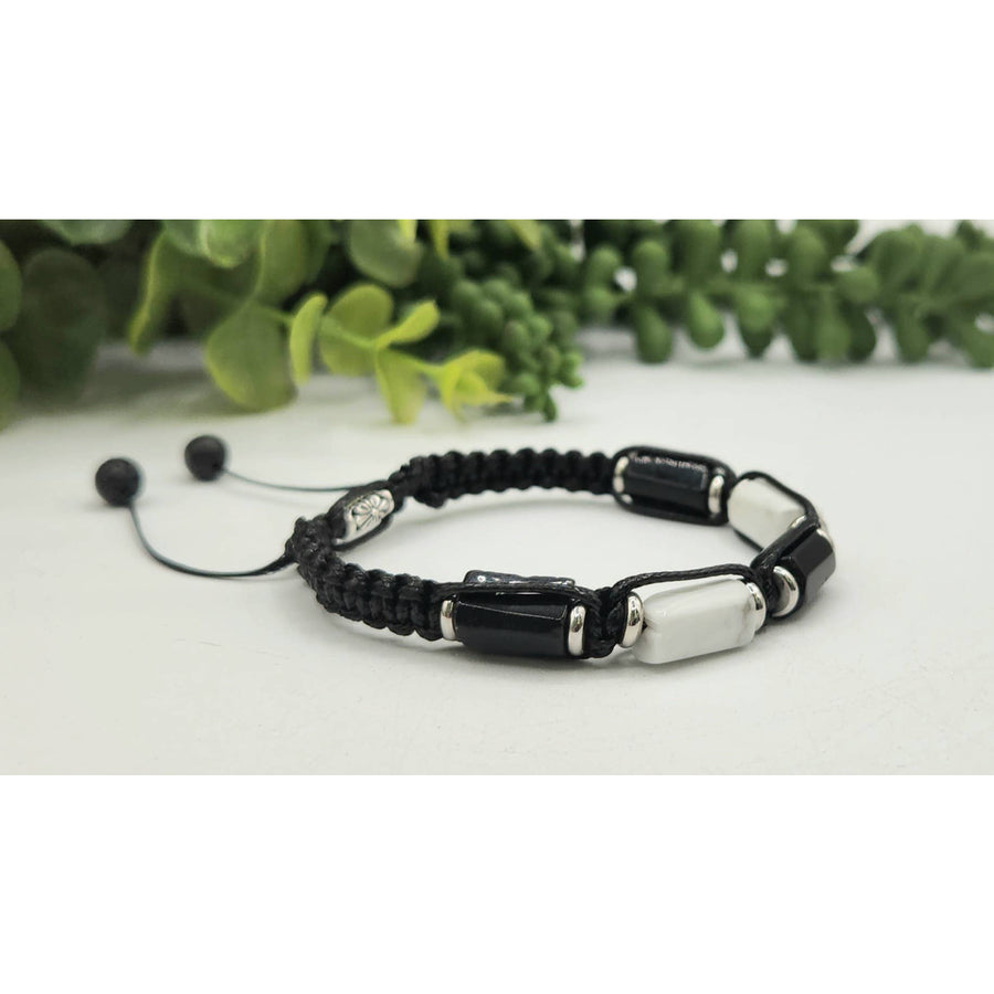 Black and white beaded macrame bracelet with Black Tourmaline and White Howlite