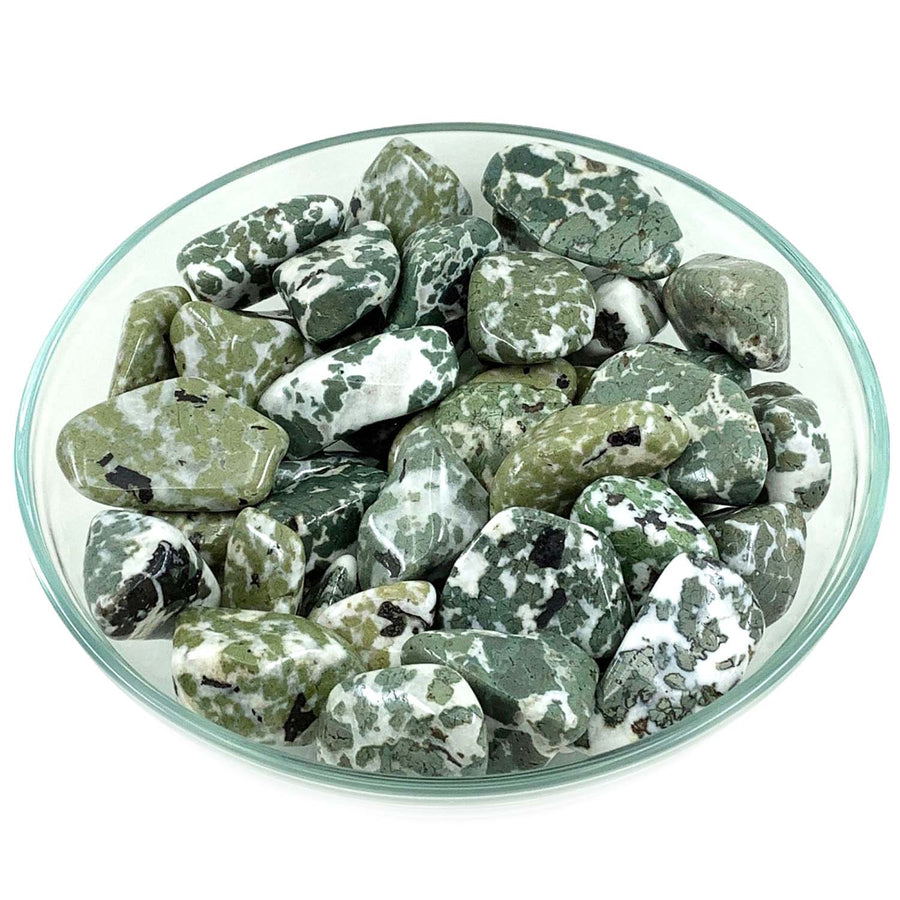 Polished tree agate stones in a dish from the Camouflage Jasper Tumbled Grade A collection