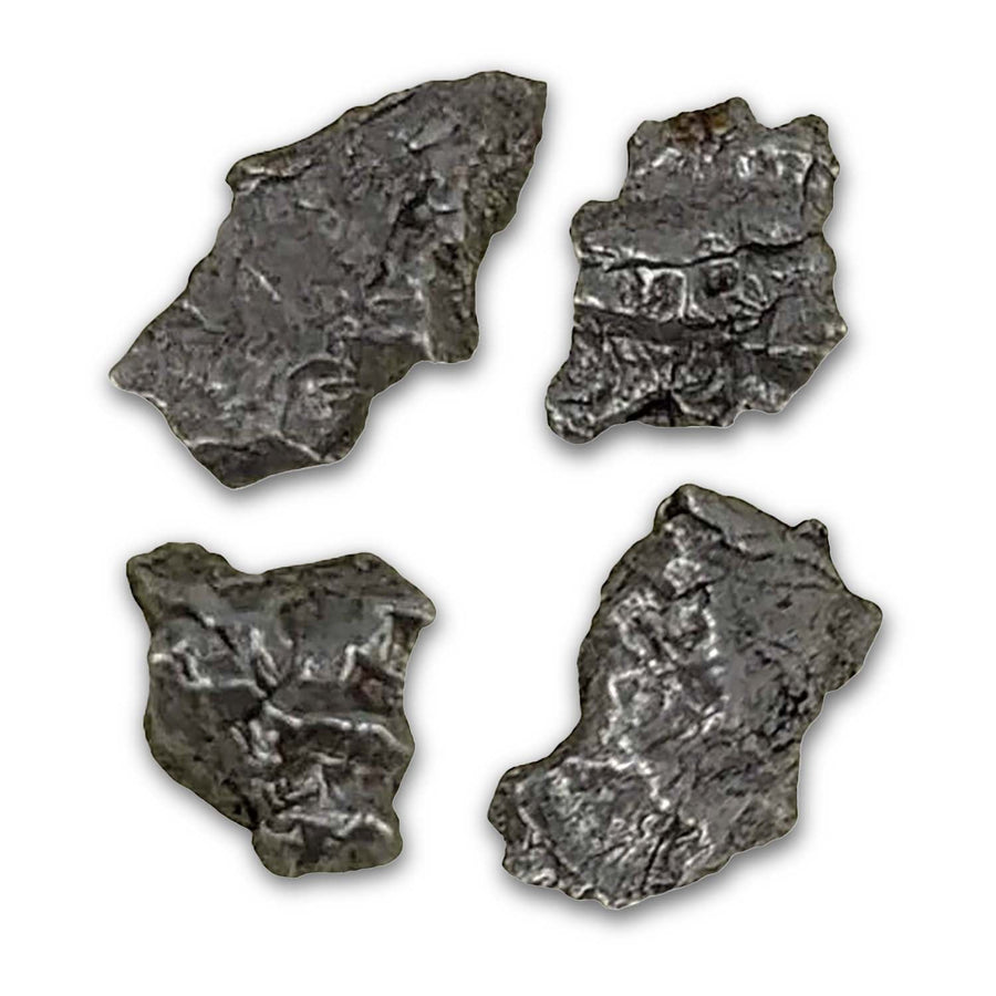 Campo del Cielo Meteorite 3g showcasing four textured dark metallic ore fragments