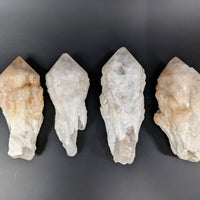 Thumbnail for Three large rough point quartz crystals from Candle Quartz 3-5’ #LV2411 on black background