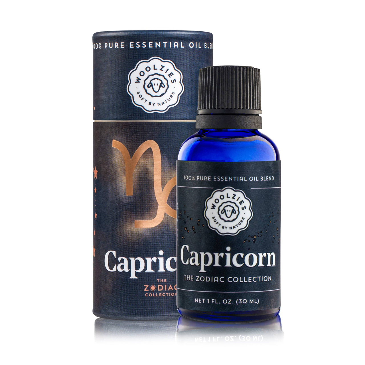 Blue glass bottle of Woolzies Capricorn essential oil blend 1oz
