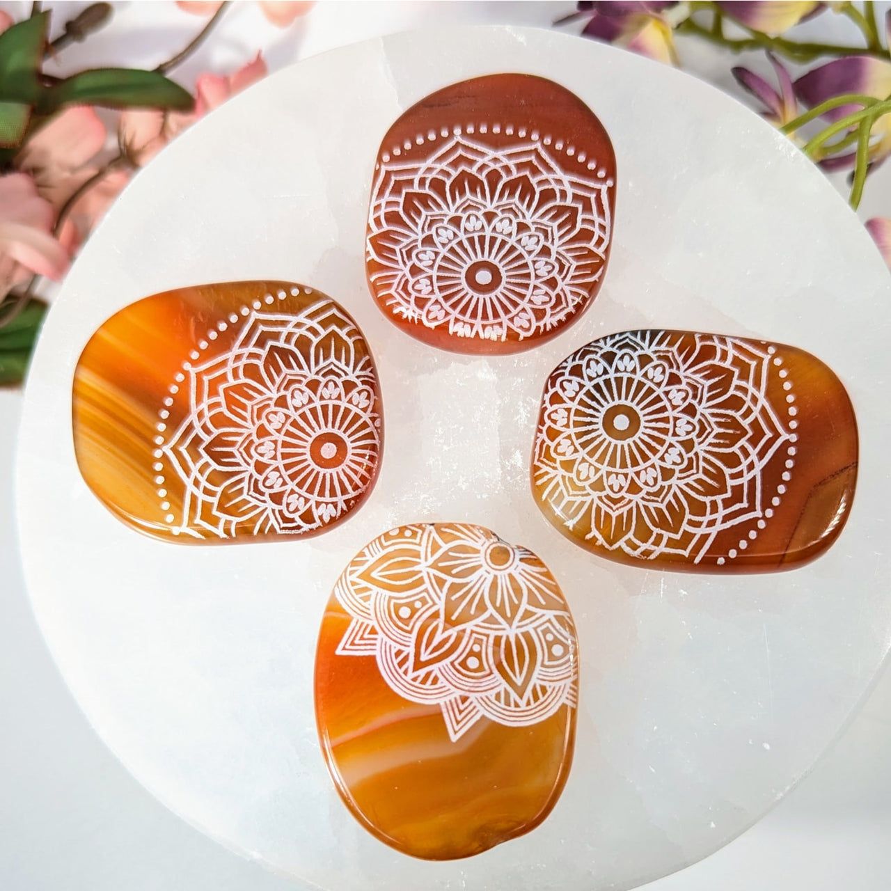 Carnelian Agate 1.7 - 2’’ Palm w Mandala Etching #LV9353