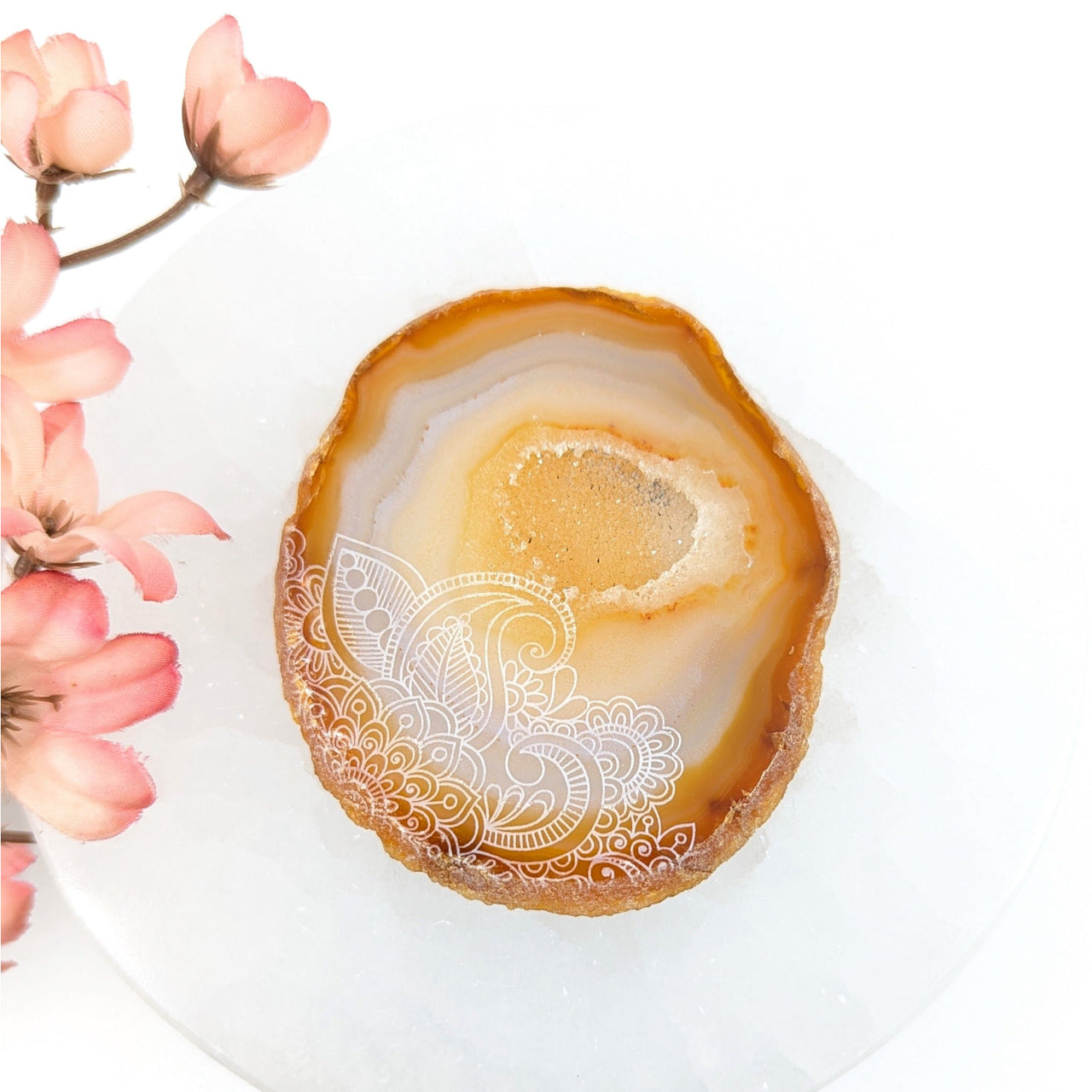 Carnelian Agate 3’’ Slice w Floral Etching #LV9345 - $45