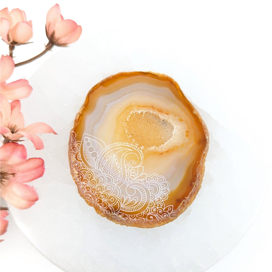 Carnelian Agate 3’’ Slice w Floral Etching #LV9345 - $45