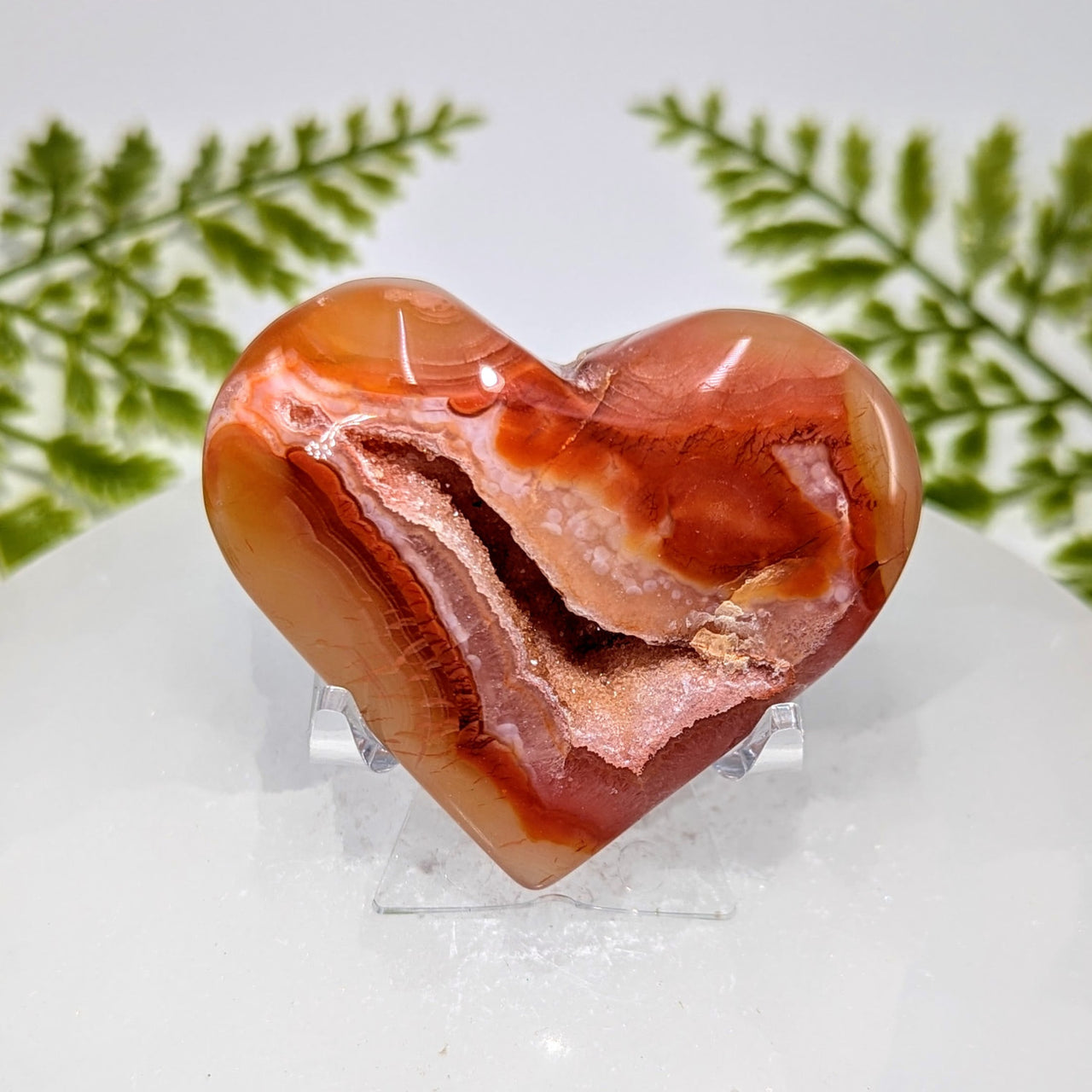 Polished carnelian druzy 2.2-inch heart #BC1015 with geode interior