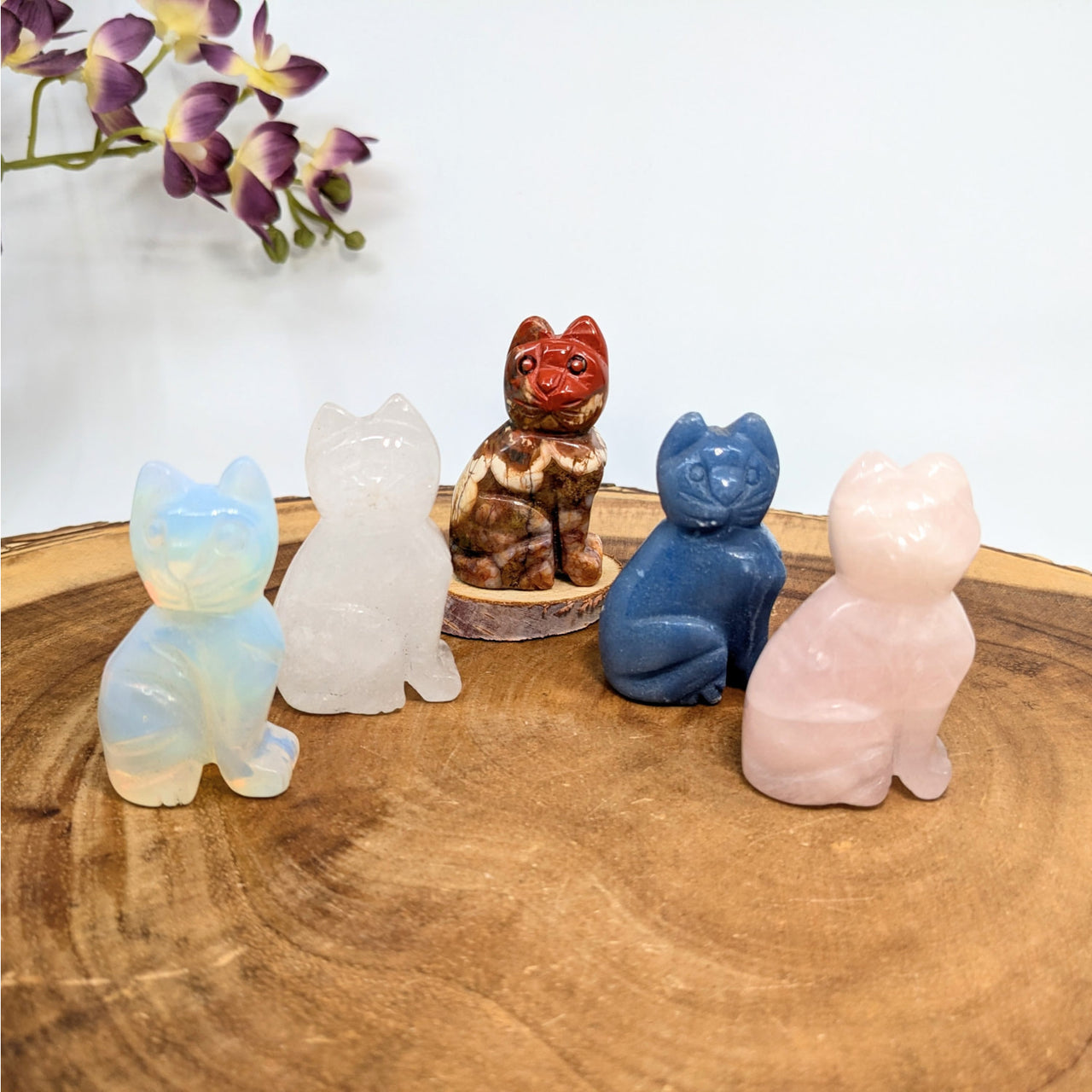 Five colorful carved crystal cat figurines sitting together, Cat 1.9’’ Crystal Carving #LV6221