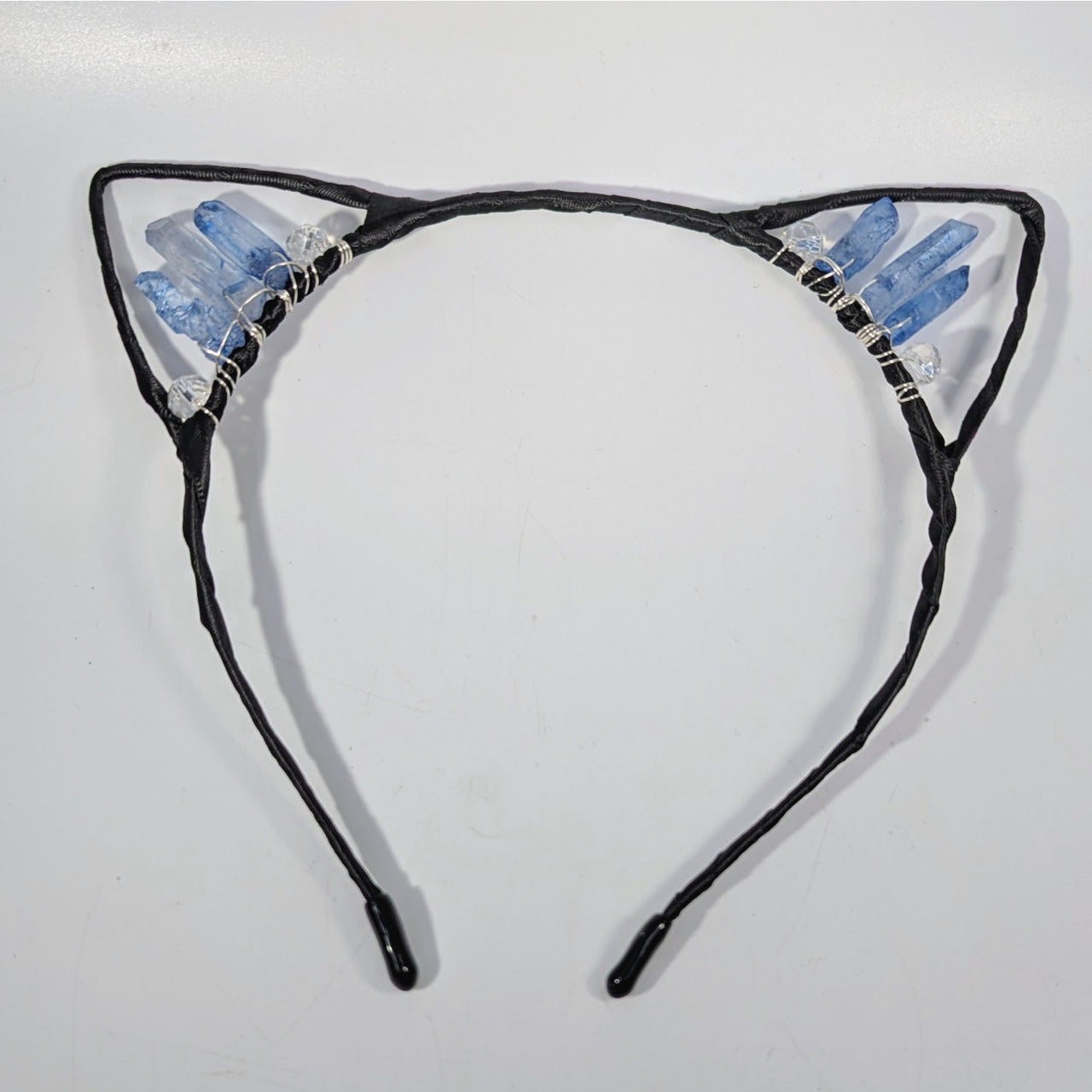 Black cat ear headband with blue crystal points and clear bead accents #BC0294