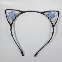 Black cat ear headband with blue crystal points and clear bead accents #BC0294