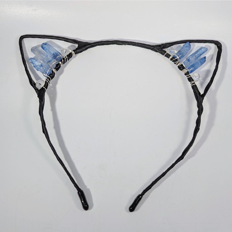 Black cat ear headband with blue crystal points and clear bead accents #BC0294