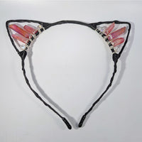 Black cat ear headband with angel aura wire-wrapped pink and clear crystals #BC0294