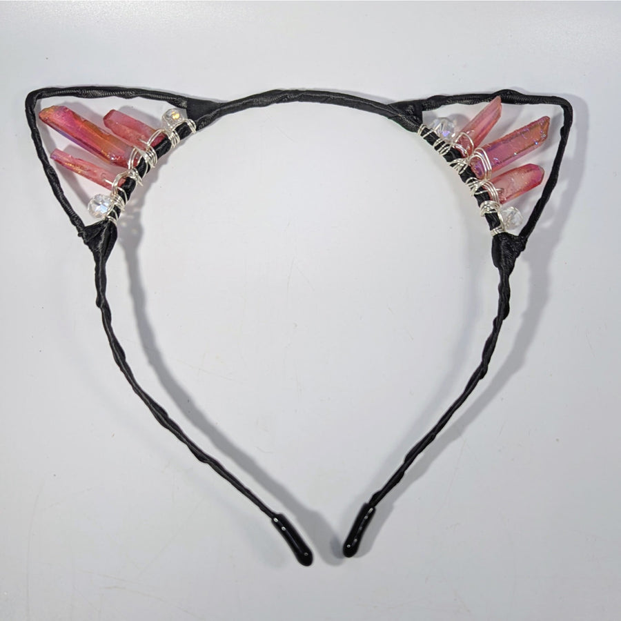 Black cat ear headband with angel aura wire-wrapped pink and clear crystals #BC0294