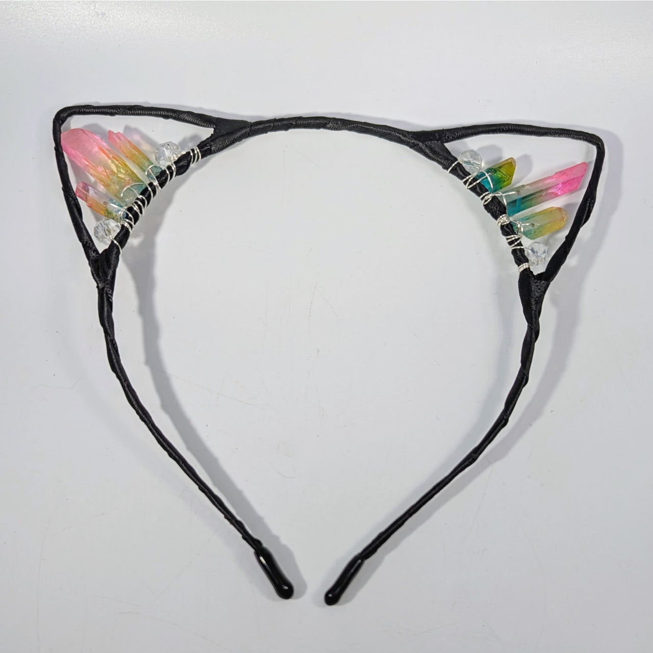 Black cat ear headband with angel aura crystal charms #BC0294
