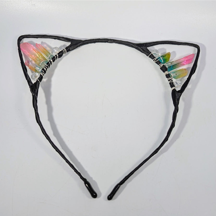Black cat ear headband with angel aura crystal charms #BC0294