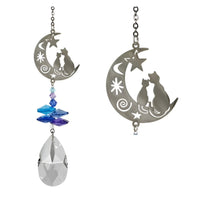 Silver crescent moon cat and star suncatcher with blue crystals, Woodstock CFCA