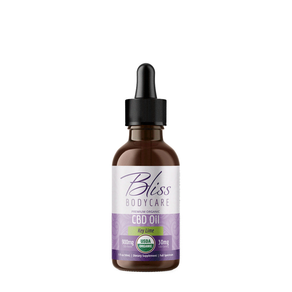 A bottle of Bliss CBD Tincture Full Spectrum Key Lime with dropper #CBD08