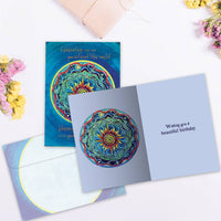 Vibrant blue Celebrating The Day #19596 birthday card with mandala sunburst design