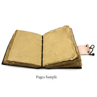 Open aged leather journal with yellowed pages and pink bookmark, Celestial Gateway 5x7 in