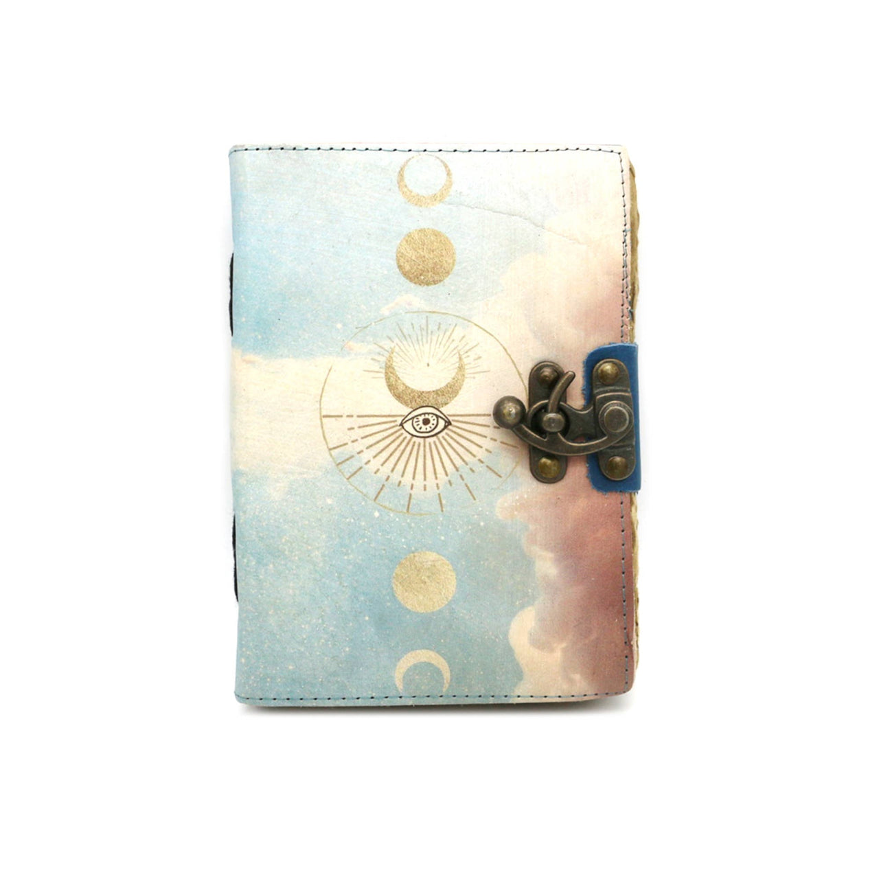 Celestial Gateway leather journal with pastel sky, celestial eye, gold moons, brass clasp, 5x7 in