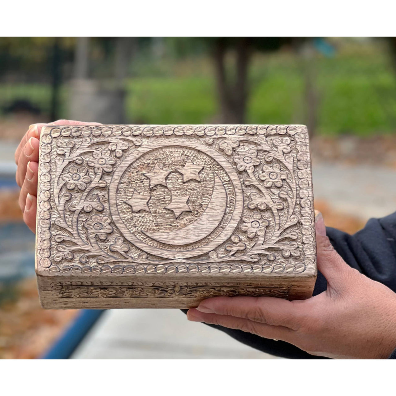 Celestial Moon and Stars Hand Carved Wooden Box Storage