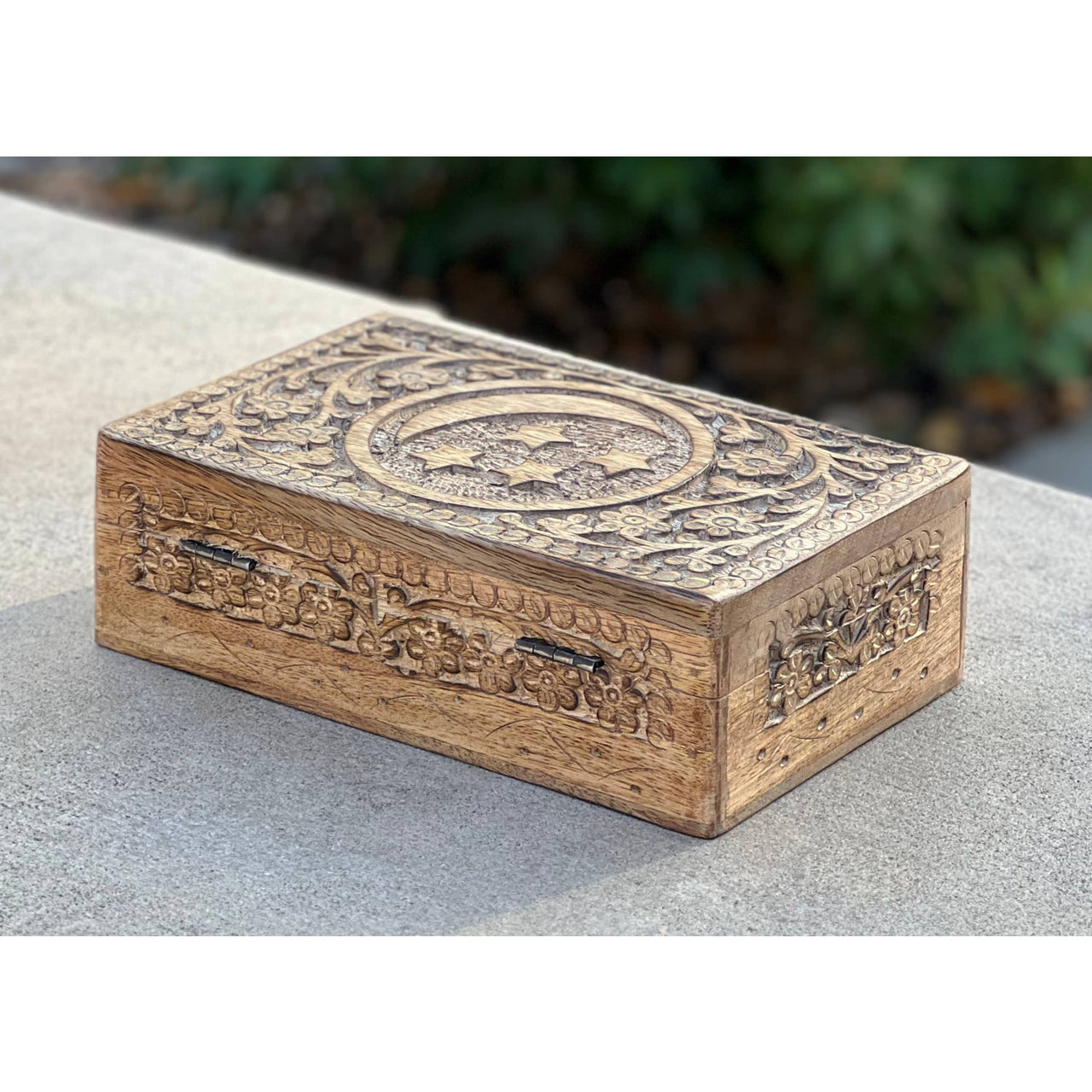 Celestial Moon and Stars Hand Carved Wooden Box Storage